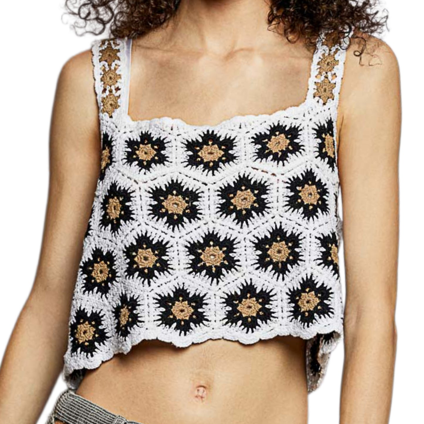 POL Crochet Floral Granny Knit Cami Boxy Scalloped Crop Top Sleeveless Shirt Black