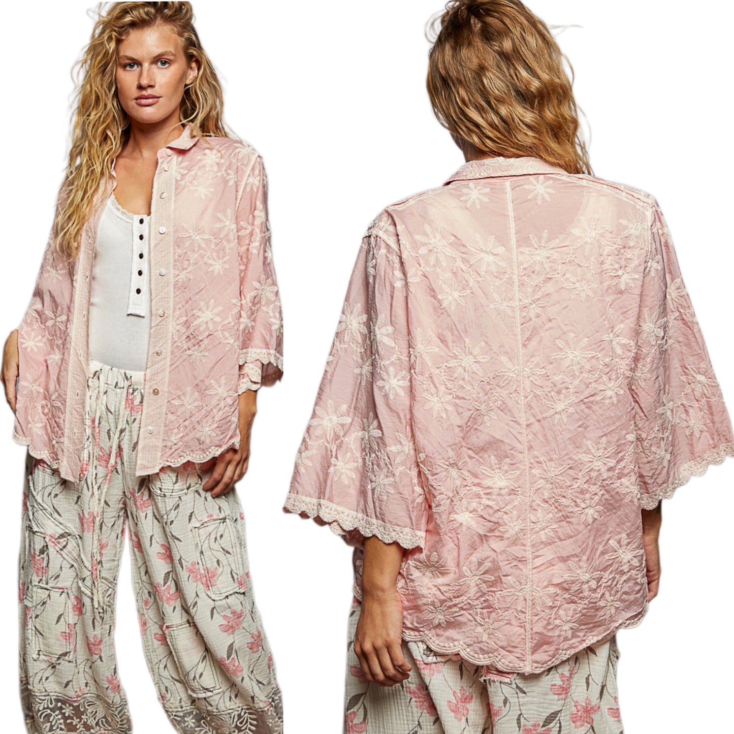 POL Embroidered Floral Collar Blouse Half Sleeve Button Down Shirt Lightweight Top Pink