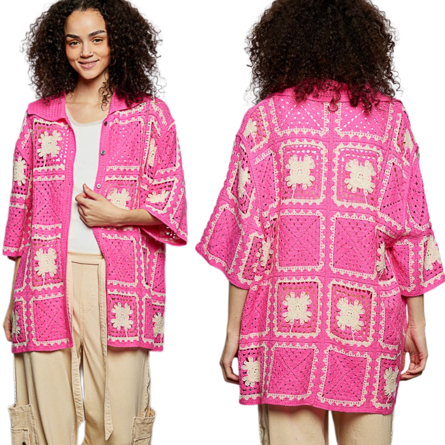 POL Granny Square Retro Openwork Crochet Collar Shirt Button Down Cardigan Top