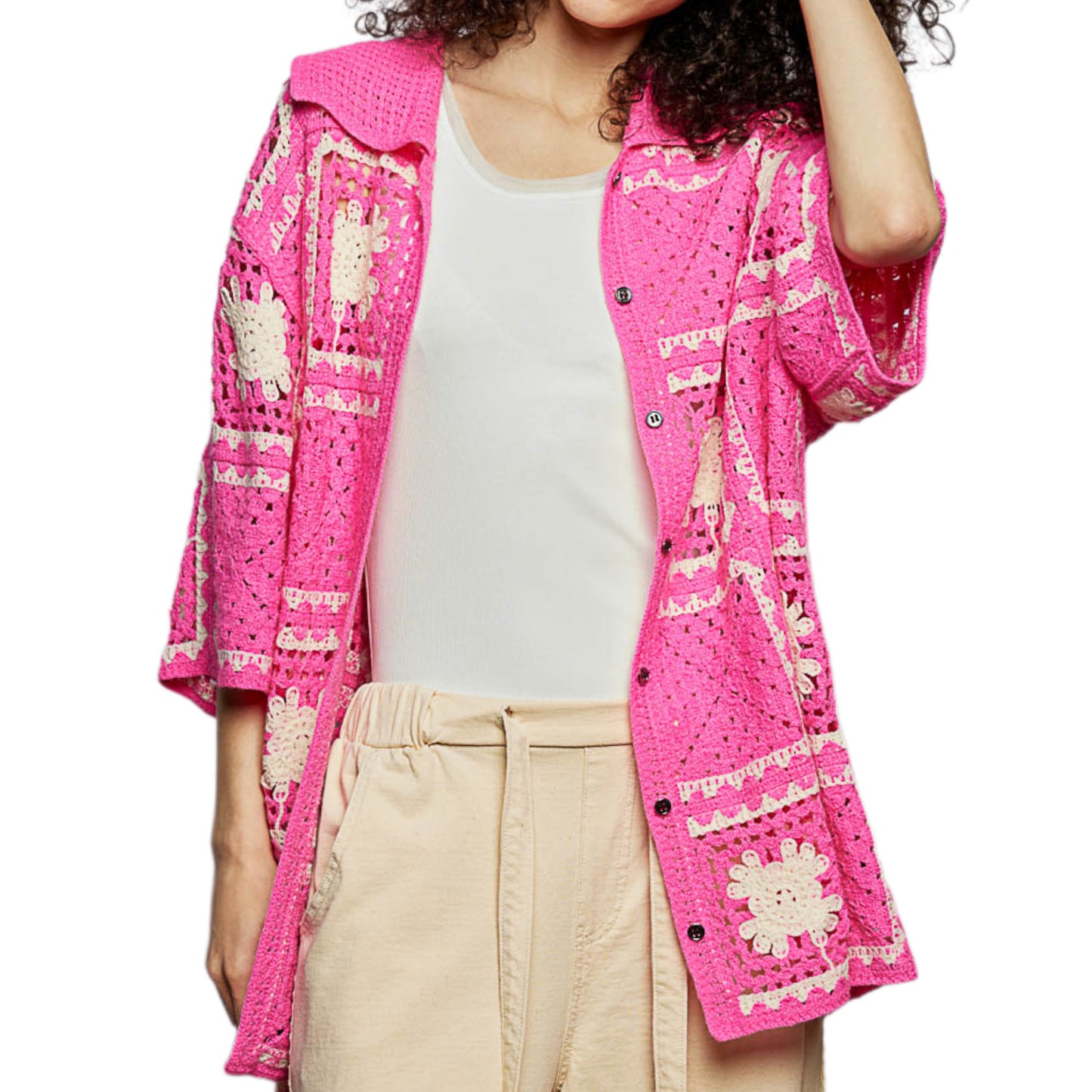 POL Granny Square Retro Openwork Crochet Collar Shirt Button Down Cardigan Top