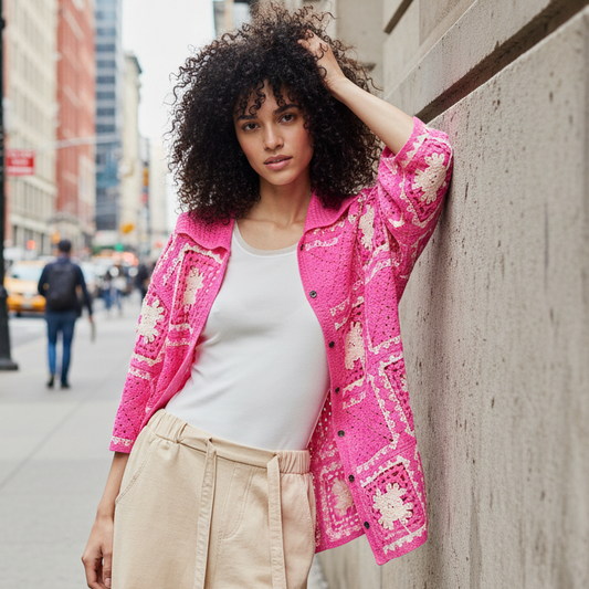 POL Granny Square Retro Openwork Crochet Collar Shirt Button Down Cardigan Top