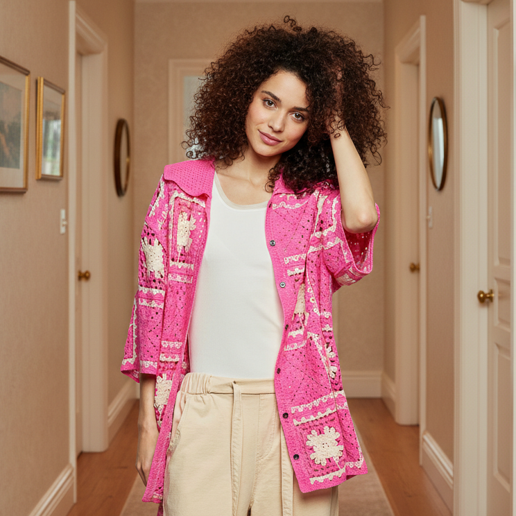 POL Granny Square Retro Openwork Crochet Collar Shirt Button Down Cardigan Top