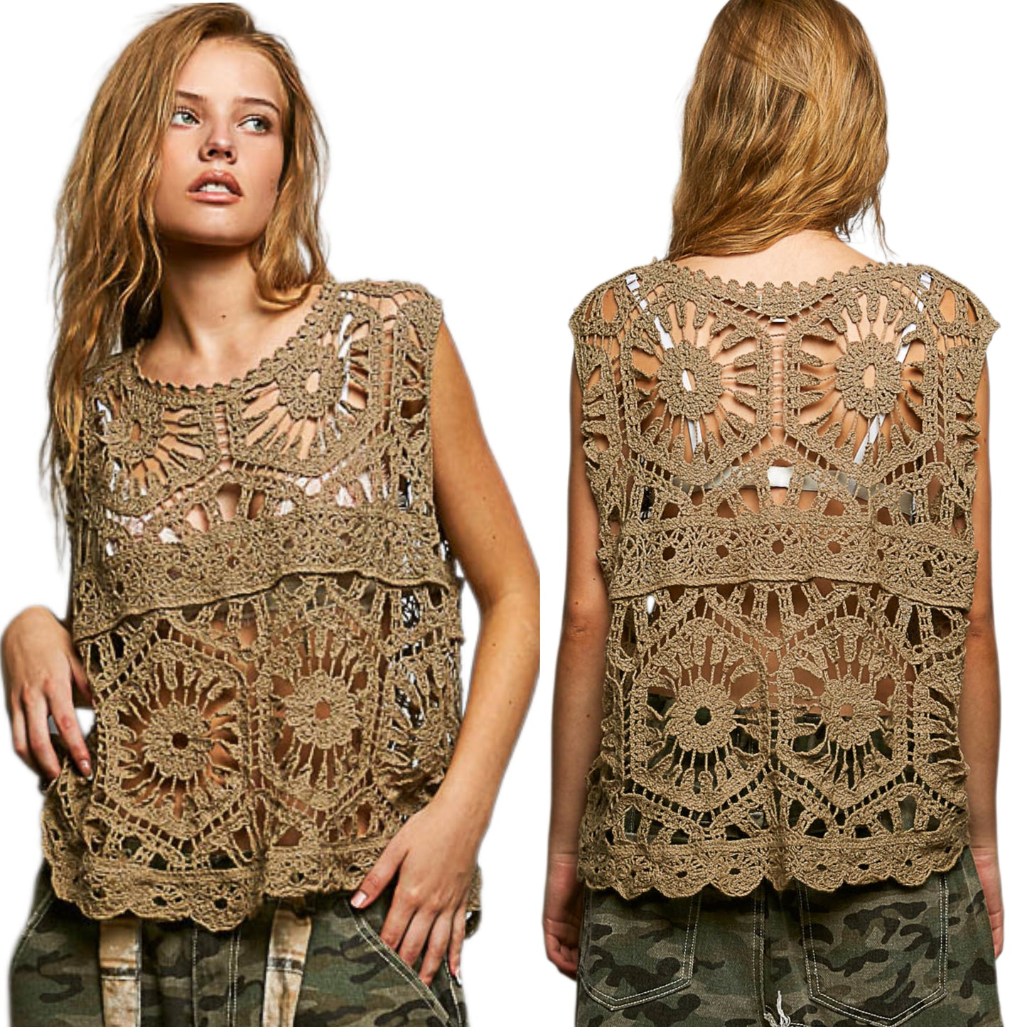 POL Openwork Floral Crochet Sleeveless Tank Scalloped Round Neck Oversized Shirt Olive Green