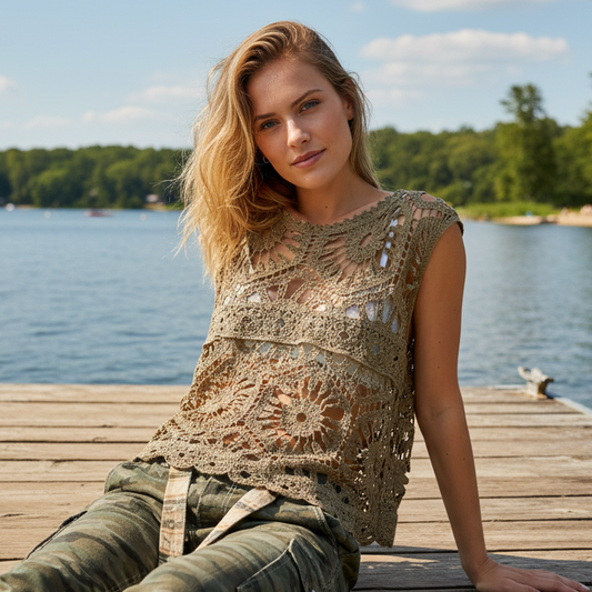 POL Openwork Floral Crochet Sleeveless Tank Scalloped Round Neck Oversized Shirt Olive Green