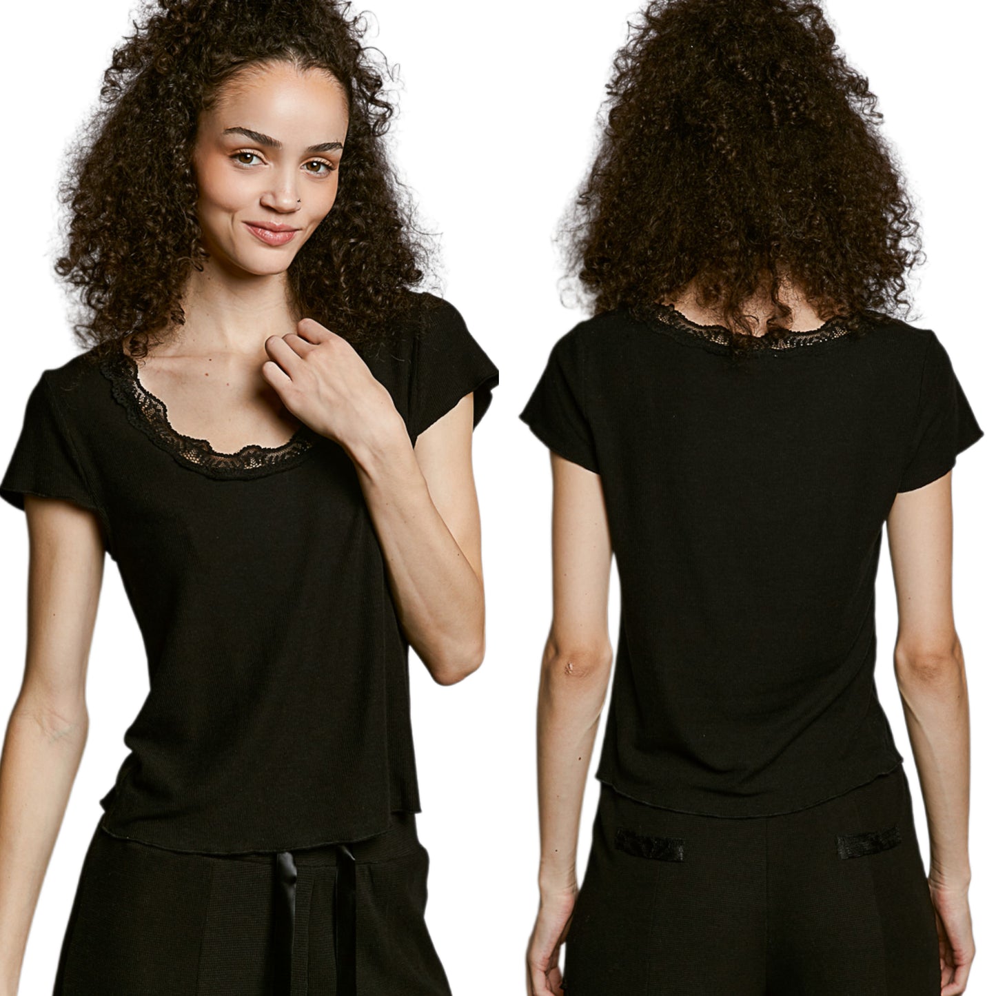 POL Lace Trim Round Neck Shirt Short Sleeve Ribbed Lightweight Crop Top Black