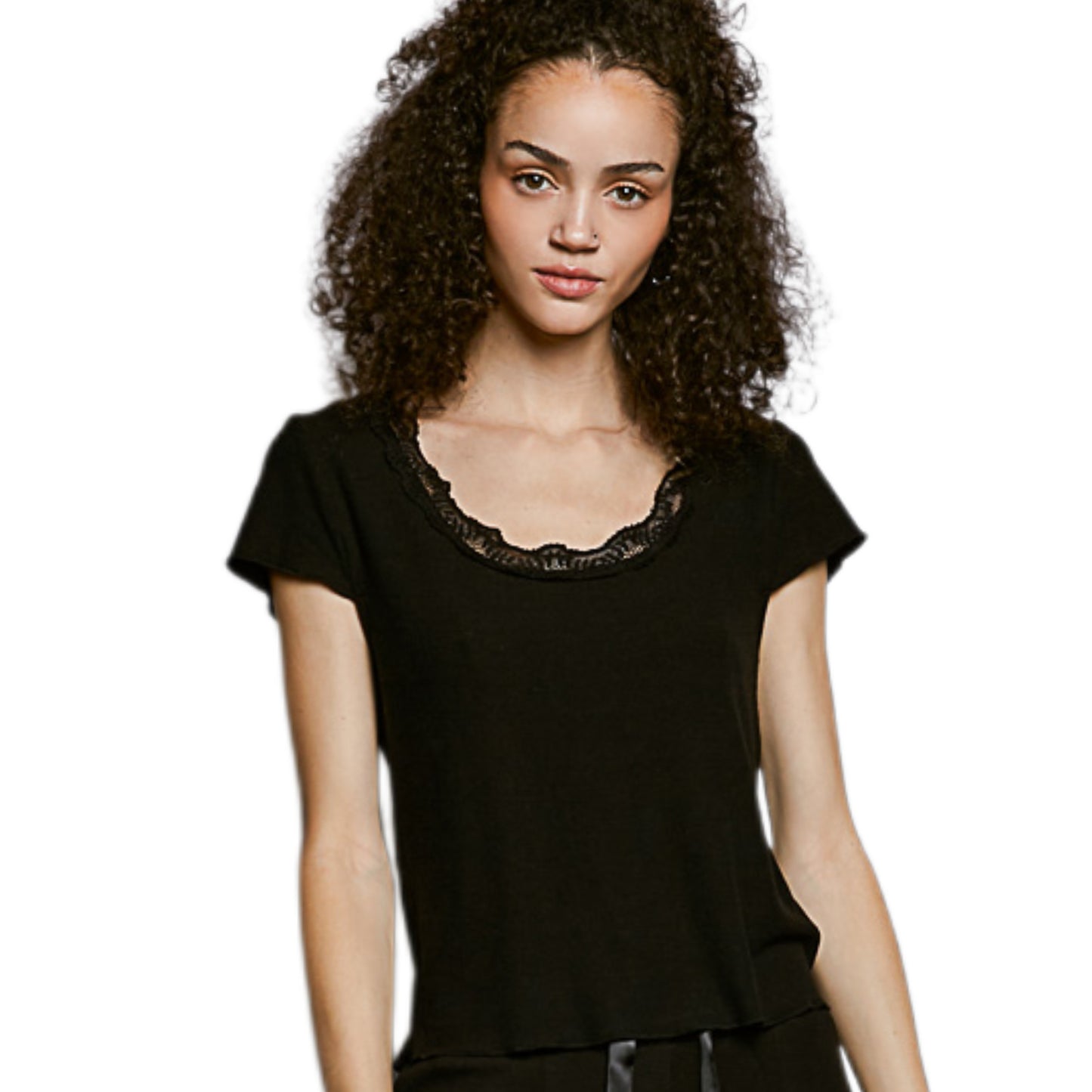 POL Lace Trim Round Neck Shirt Short Sleeve Ribbed Lightweight Crop Top Black