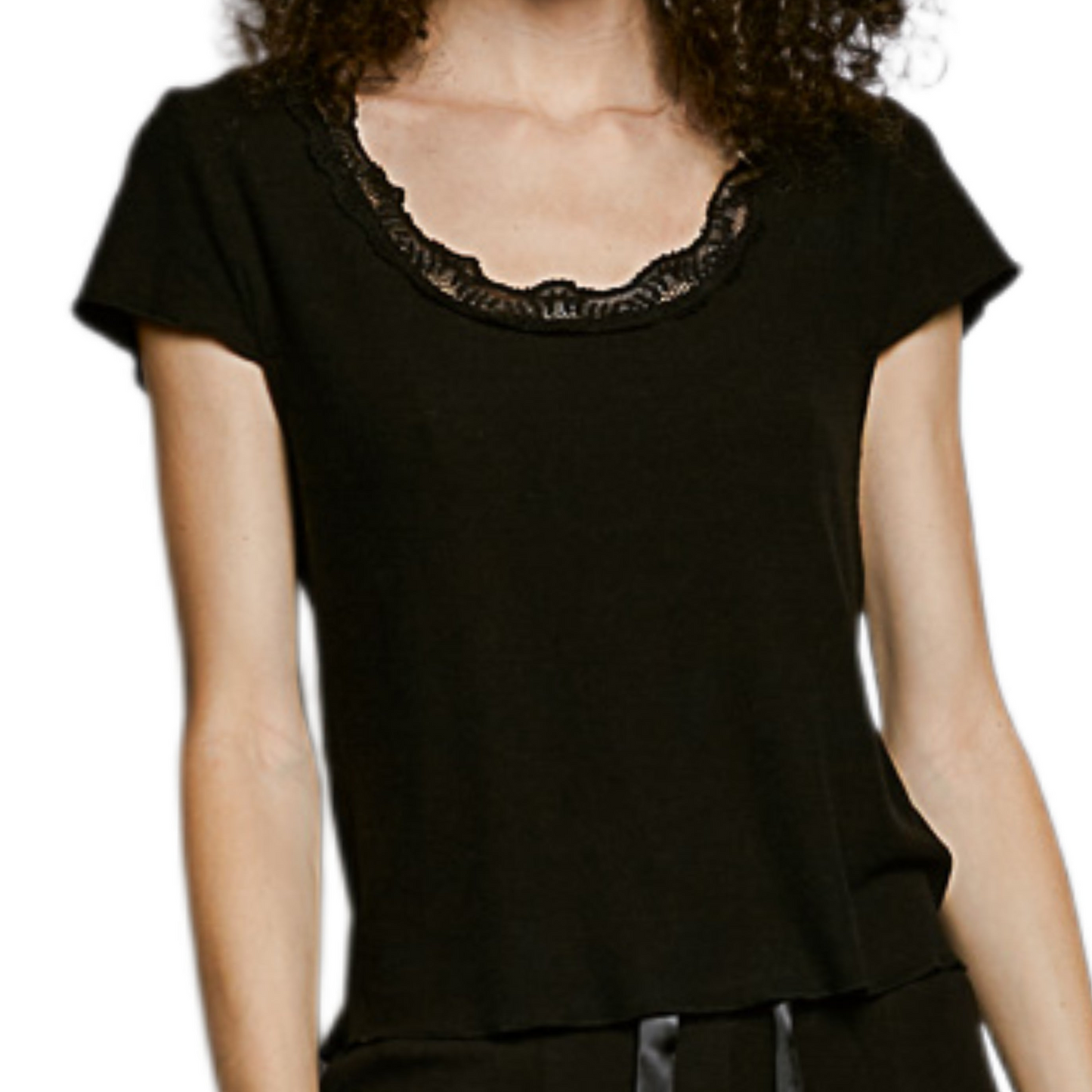 POL Lace Trim Round Neck Shirt Short Sleeve Ribbed Lightweight Crop Top Black