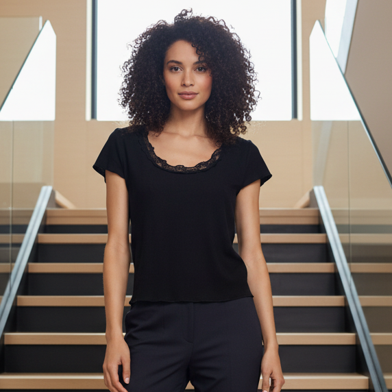 POL Lace Trim Round Neck Shirt Short Sleeve Ribbed Lightweight Crop Top Black