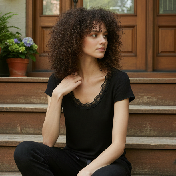 POL Lace Trim Round Neck Shirt Short Sleeve Ribbed Lightweight Crop Top Black