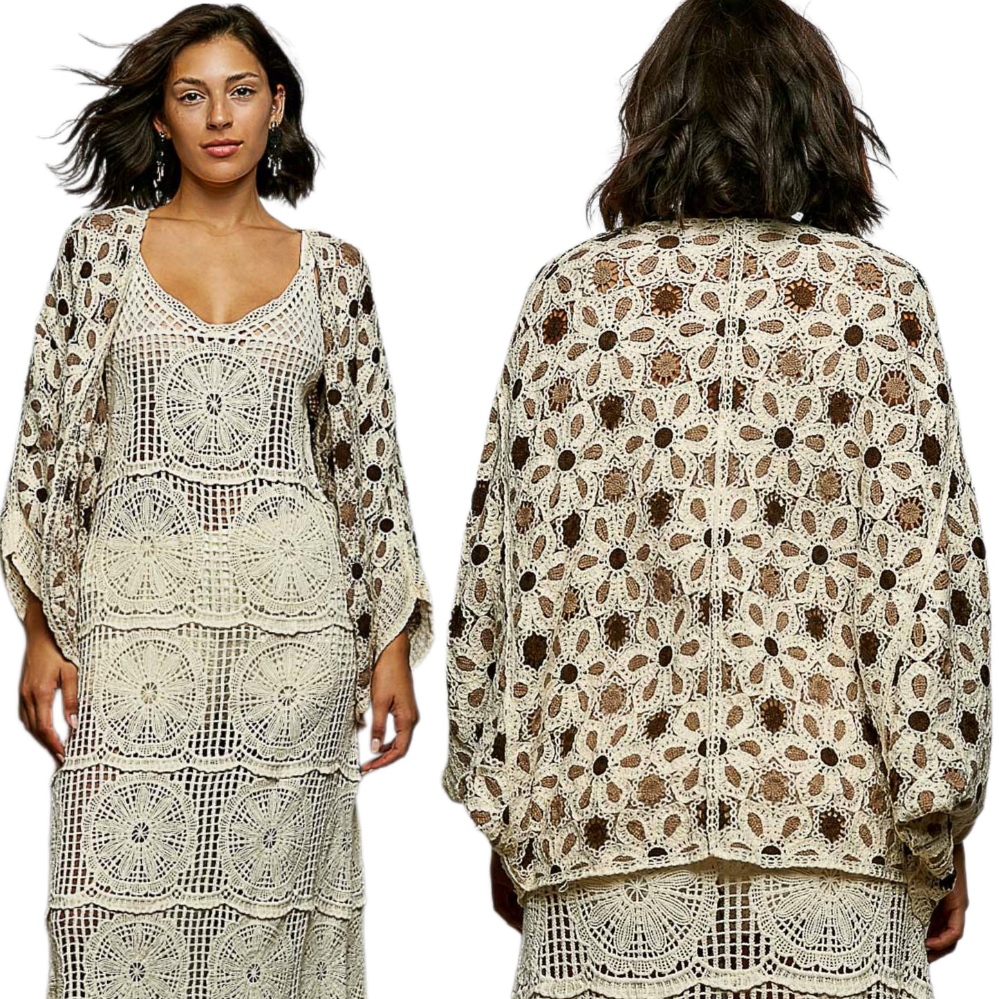 POL Floral Crochet Batwing Sleeve Cardigan Open Front Granny Openwork Knit Grey