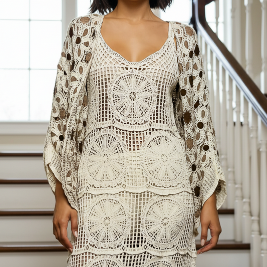 POL Floral Crochet Batwing Sleeve Cardigan Open Front Granny Openwork Knit Grey