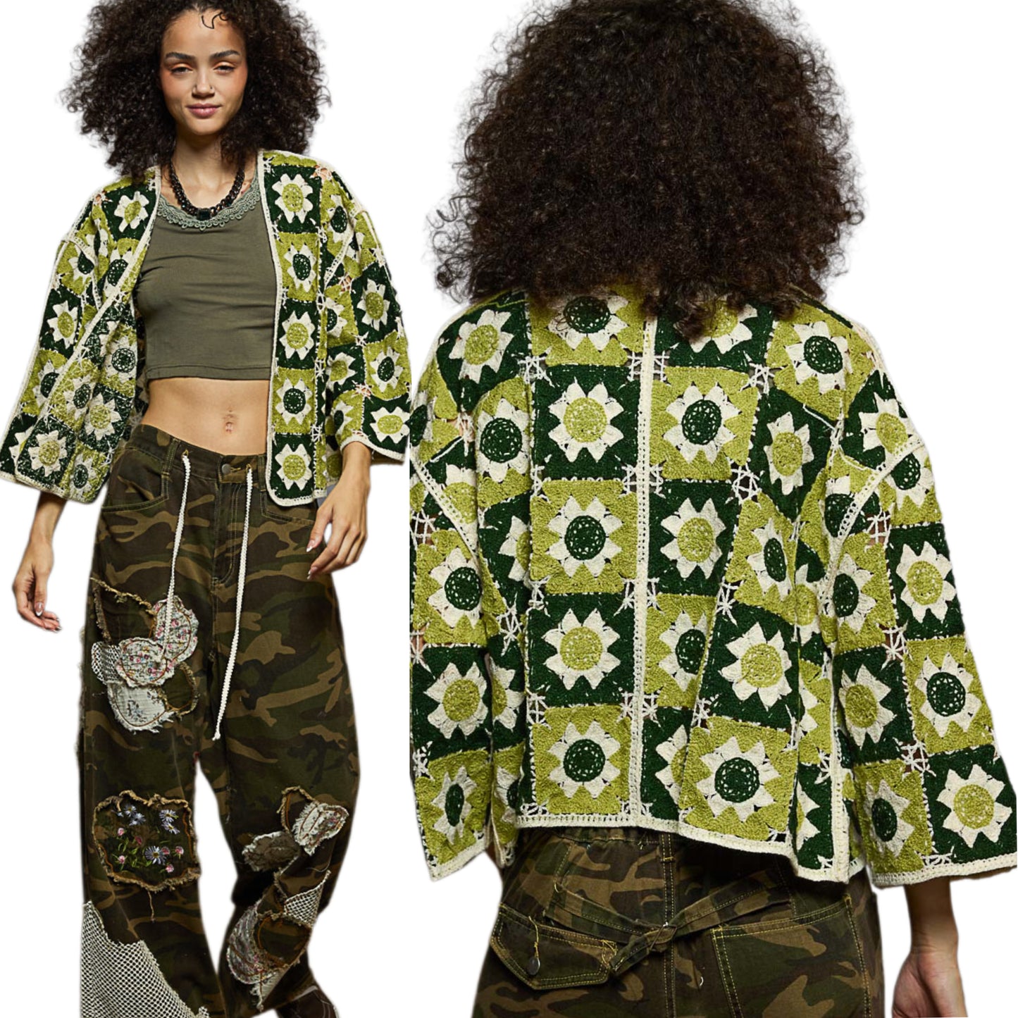 POL Floral Granny Square Crochet Cardigan Retro Boxy Open Front Sweater Openwork Olive Green