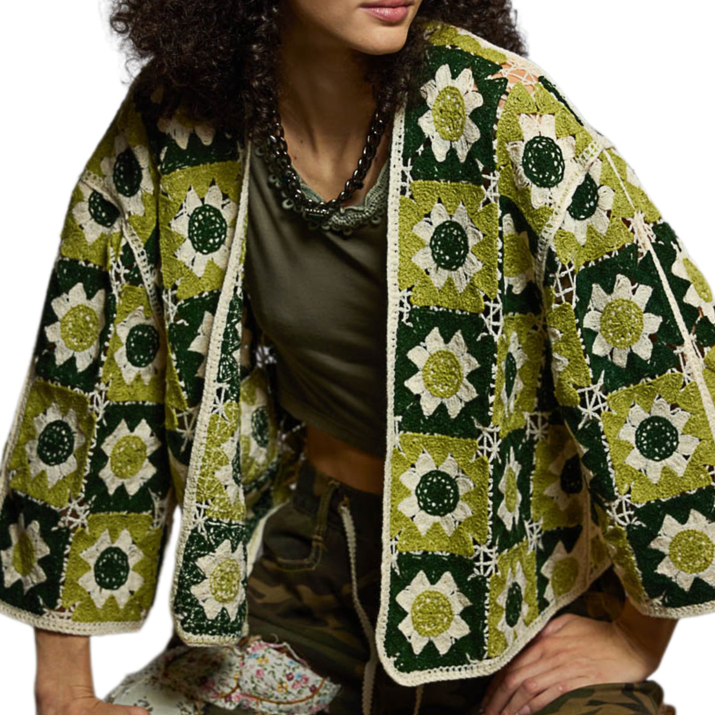 POL Floral Granny Square Crochet Cardigan Retro Boxy Open Front Sweater Openwork Olive Green