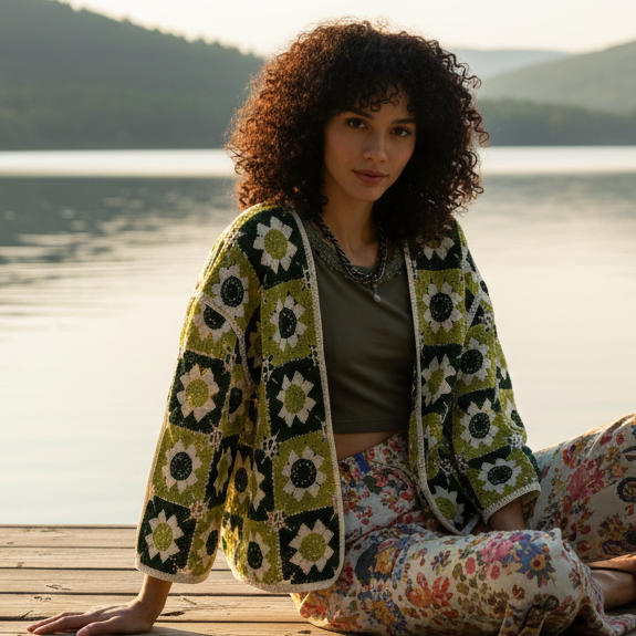 POL Floral Granny Square Crochet Cardigan Retro Boxy Open Front Sweater Openwork Olive Green