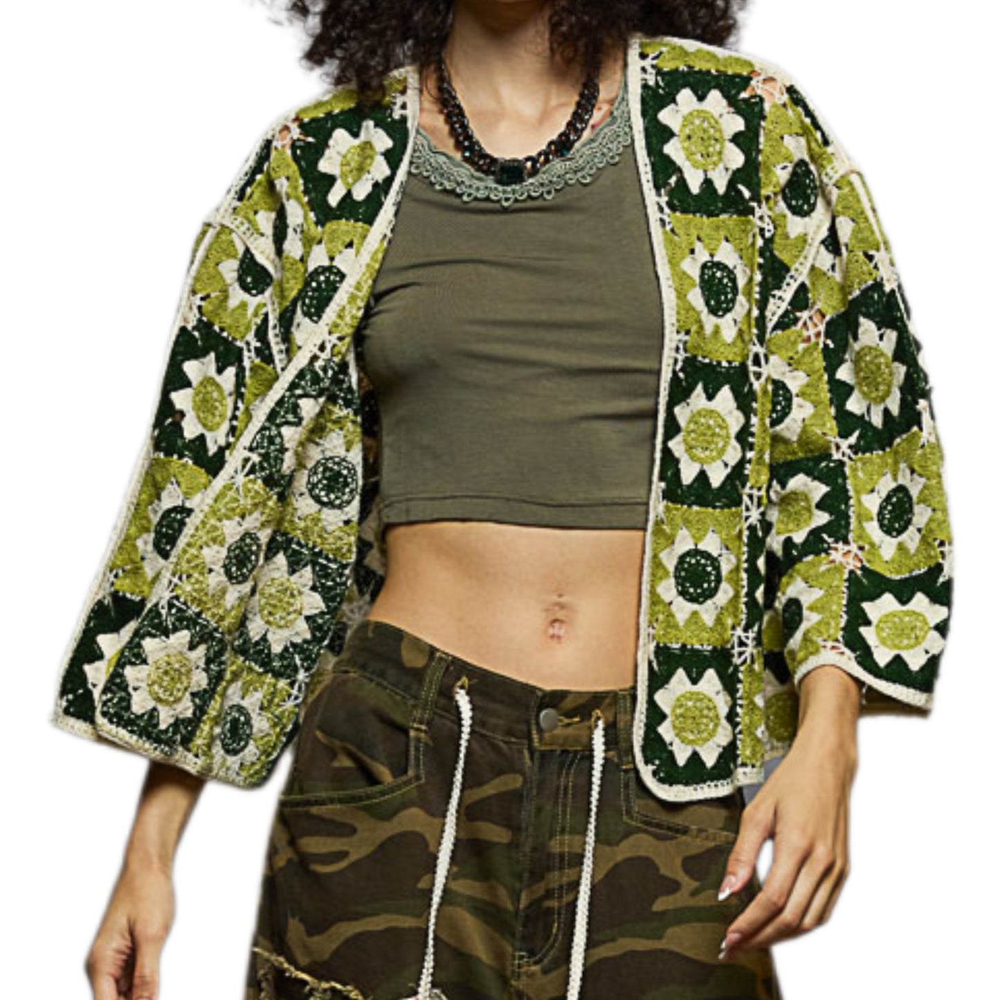 POL Floral Granny Square Crochet Cardigan Retro Boxy Open Front Sweater Openwork Olive Green