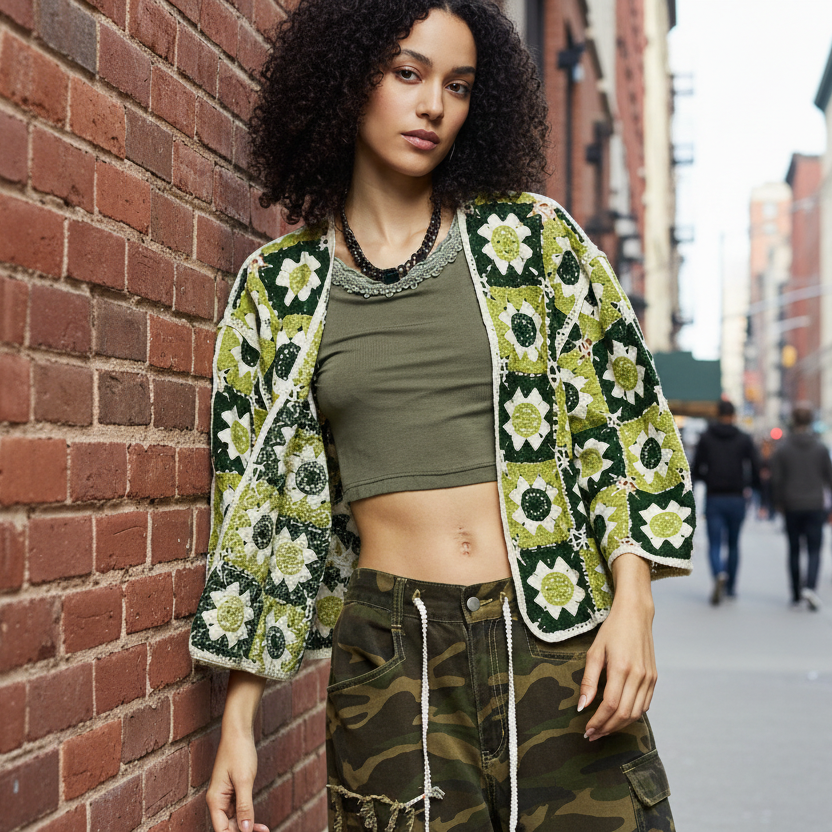 POL Floral Granny Square Crochet Cardigan Retro Boxy Open Front Sweater Openwork Olive Green