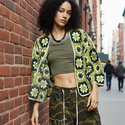 POL Floral Granny Square Crochet Cardigan Retro Boxy Open Front Sweater Openwork Olive Green
