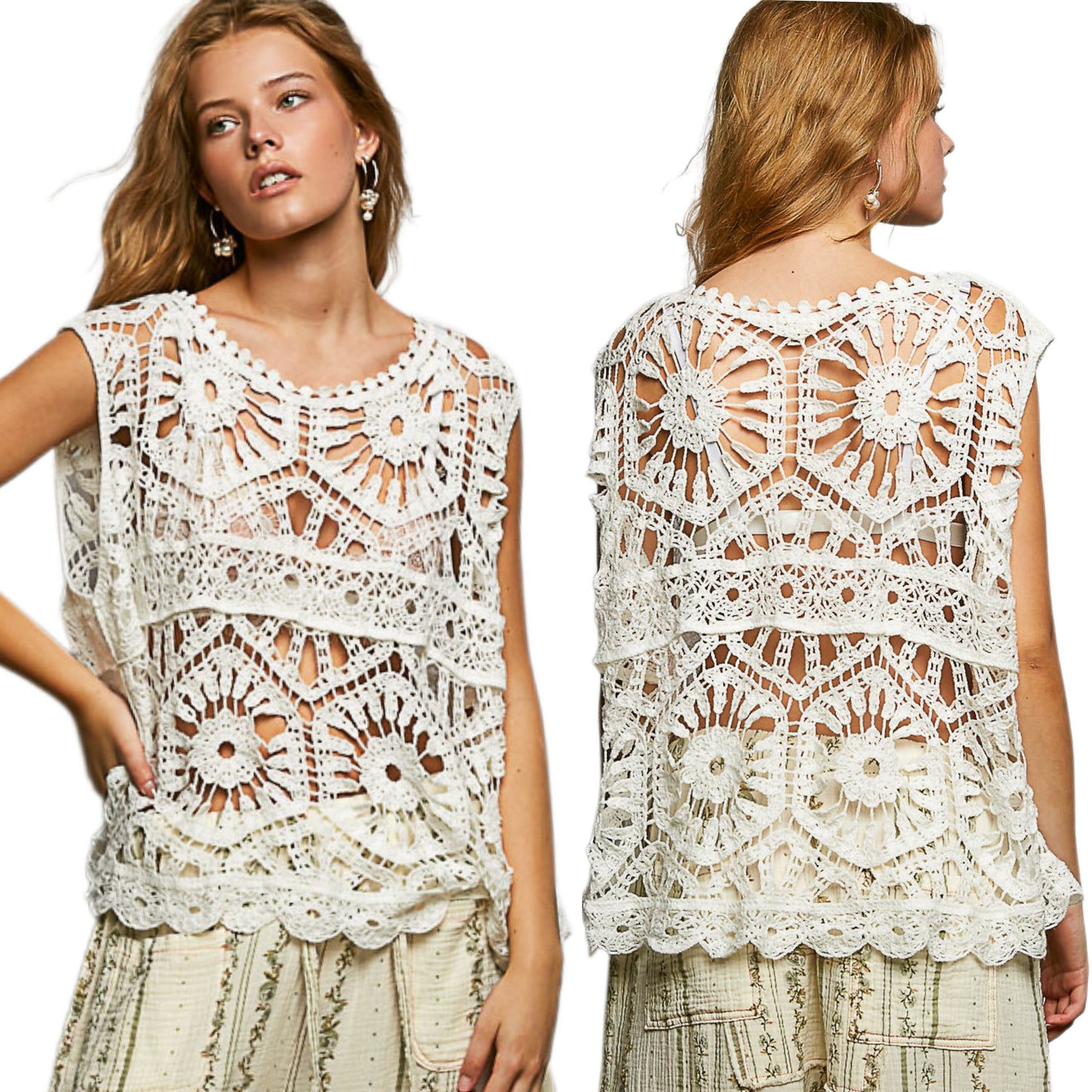 POL Openwork Floral Crochet Sleeveless Tank Scalloped Round Neck Oversized Shirt Ivory