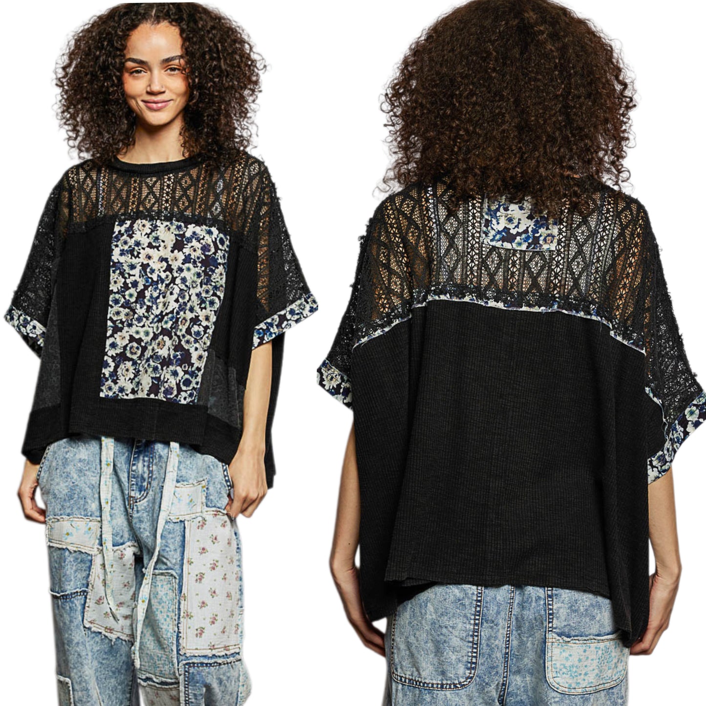 POL Floral Patchwork Lace Waffle Knit Top Oversized Blouse Exposed Seam Shirt Black