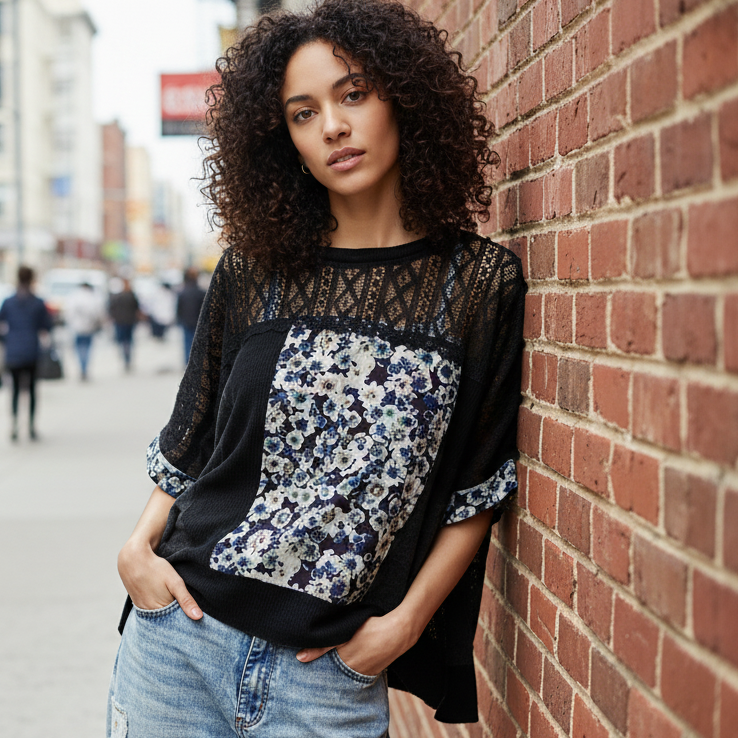 POL Floral Patchwork Lace Waffle Knit Top Oversized Blouse Exposed Seam Shirt Black