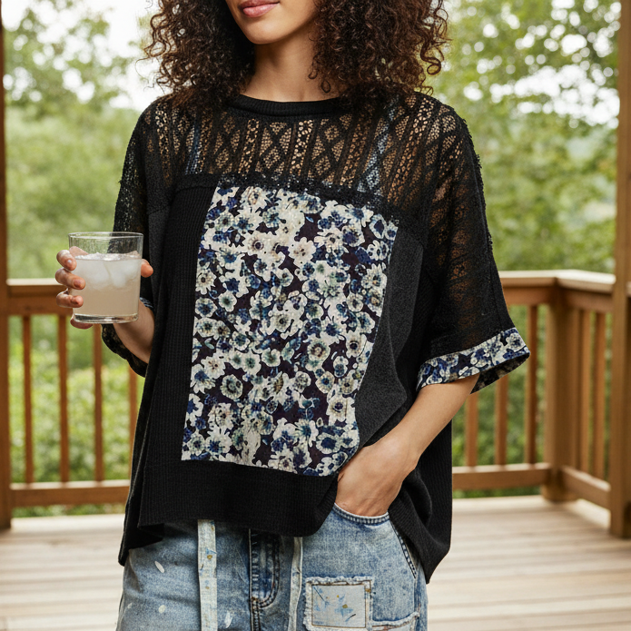 POL Floral Patchwork Lace Waffle Knit Top Oversized Blouse Exposed Seam Shirt Black