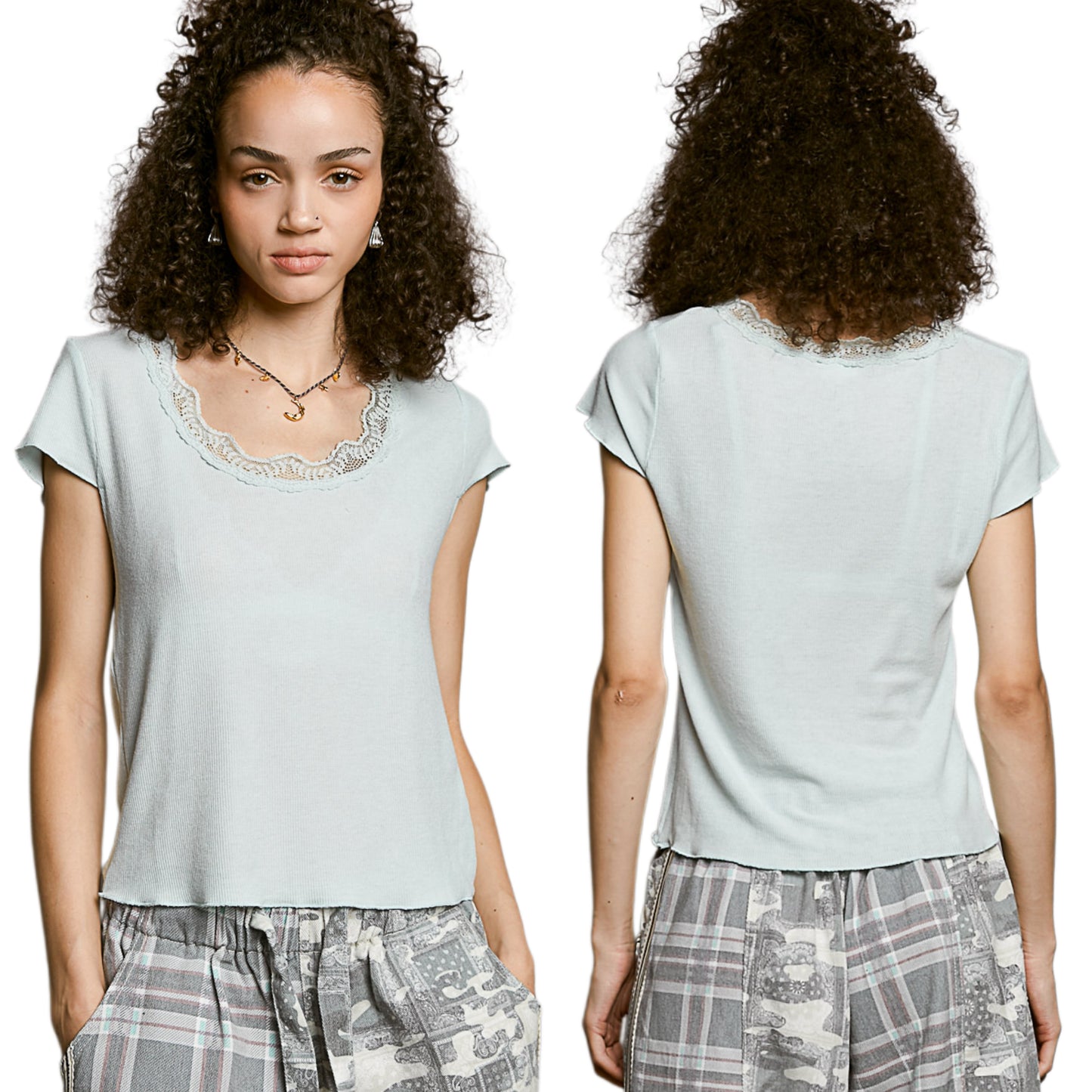 POL Lace Trim Round Neck Shirt Short Sleeve Ribbed Lightweight Crop Top Powder Blue