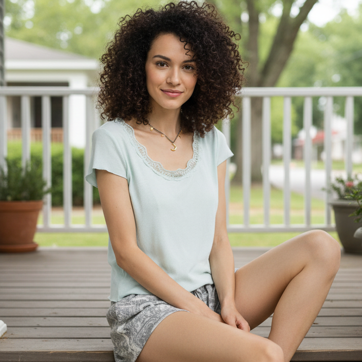 POL Lace Trim Round Neck Shirt Short Sleeve Ribbed Lightweight Crop Top Powder Blue