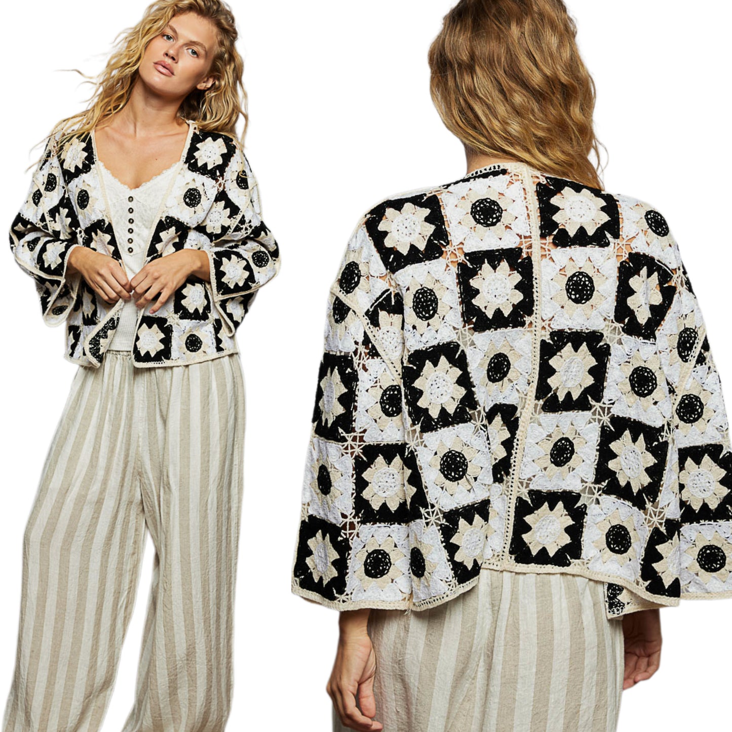 POL Floral Granny Square Crochet Cardigan Retro Boxy Open Front Sweater Openwork Contrasting Black