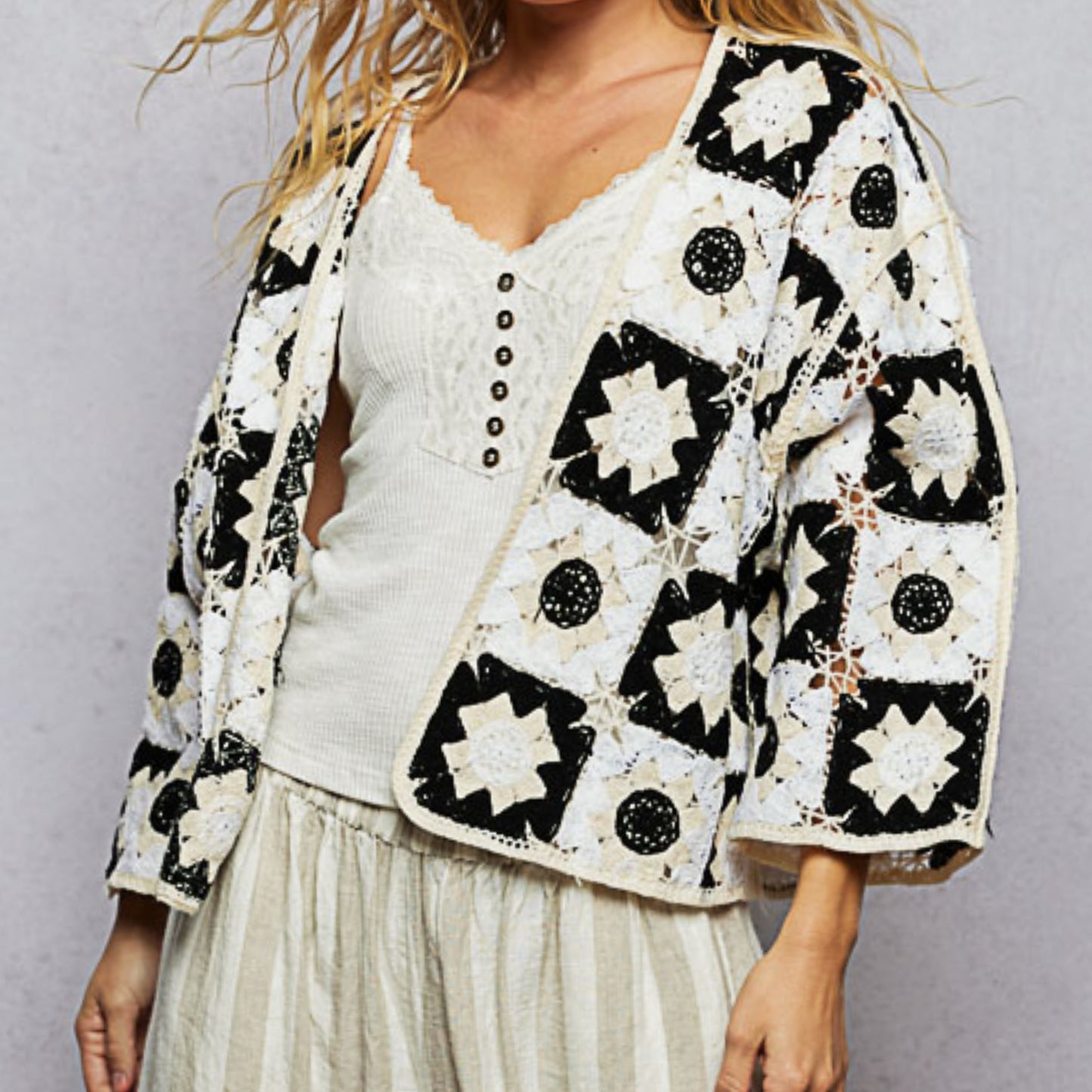 POL Floral Granny Square Crochet Cardigan Retro Boxy Open Front Sweater Openwork Contrasting Black