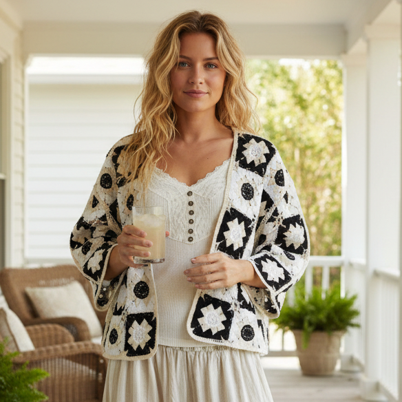 POL Floral Granny Square Crochet Cardigan Retro Boxy Open Front Sweater Openwork Contrasting Black