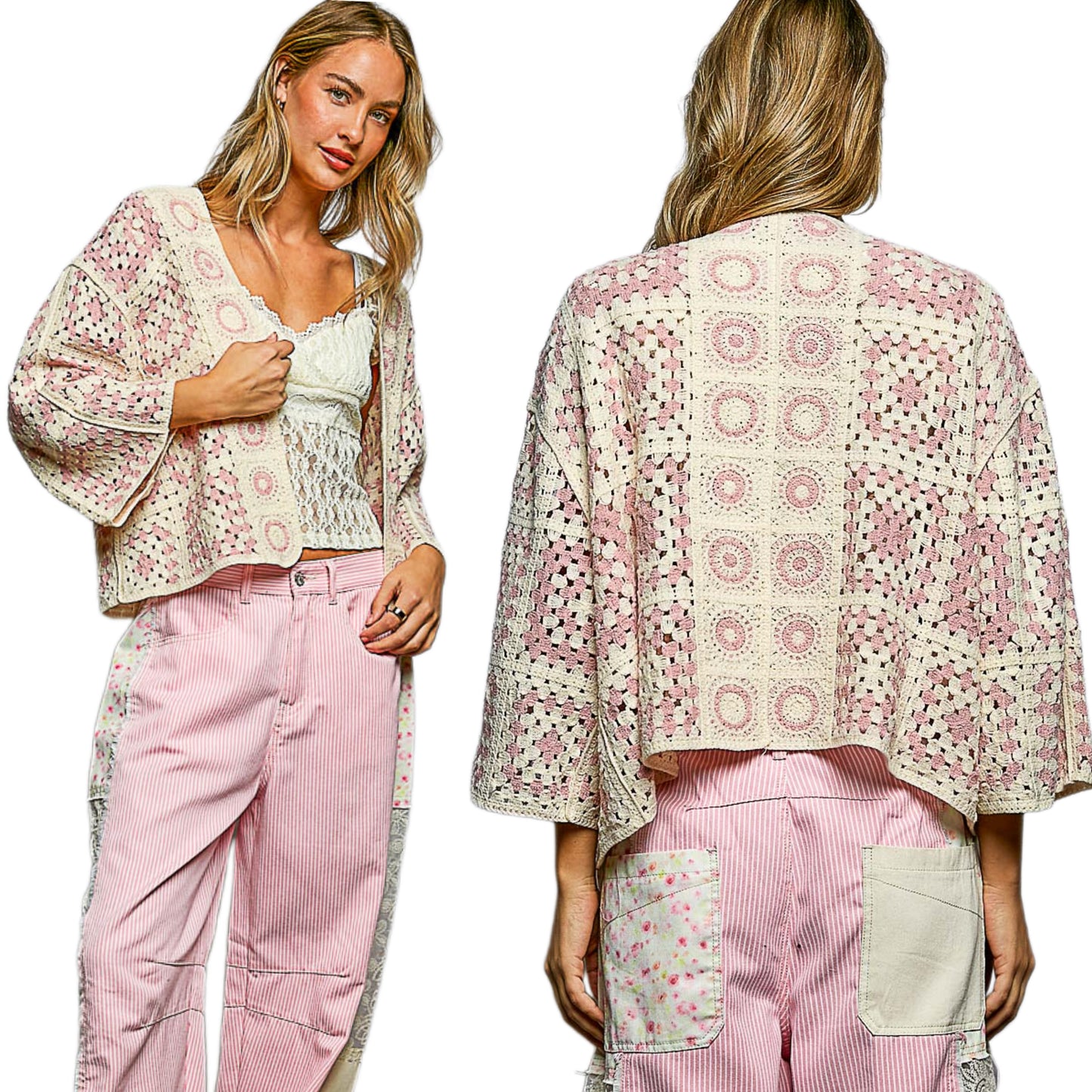 POL Granny Square Crochet Cardigan Retro Boxy Open Front Sweater Openwork Knit Pink