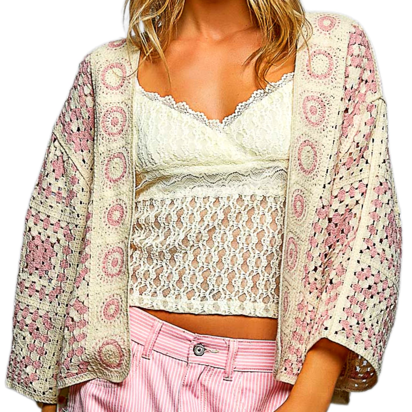 POL Granny Square Crochet Cardigan Retro Boxy Open Front Sweater Openwork Knit Pink