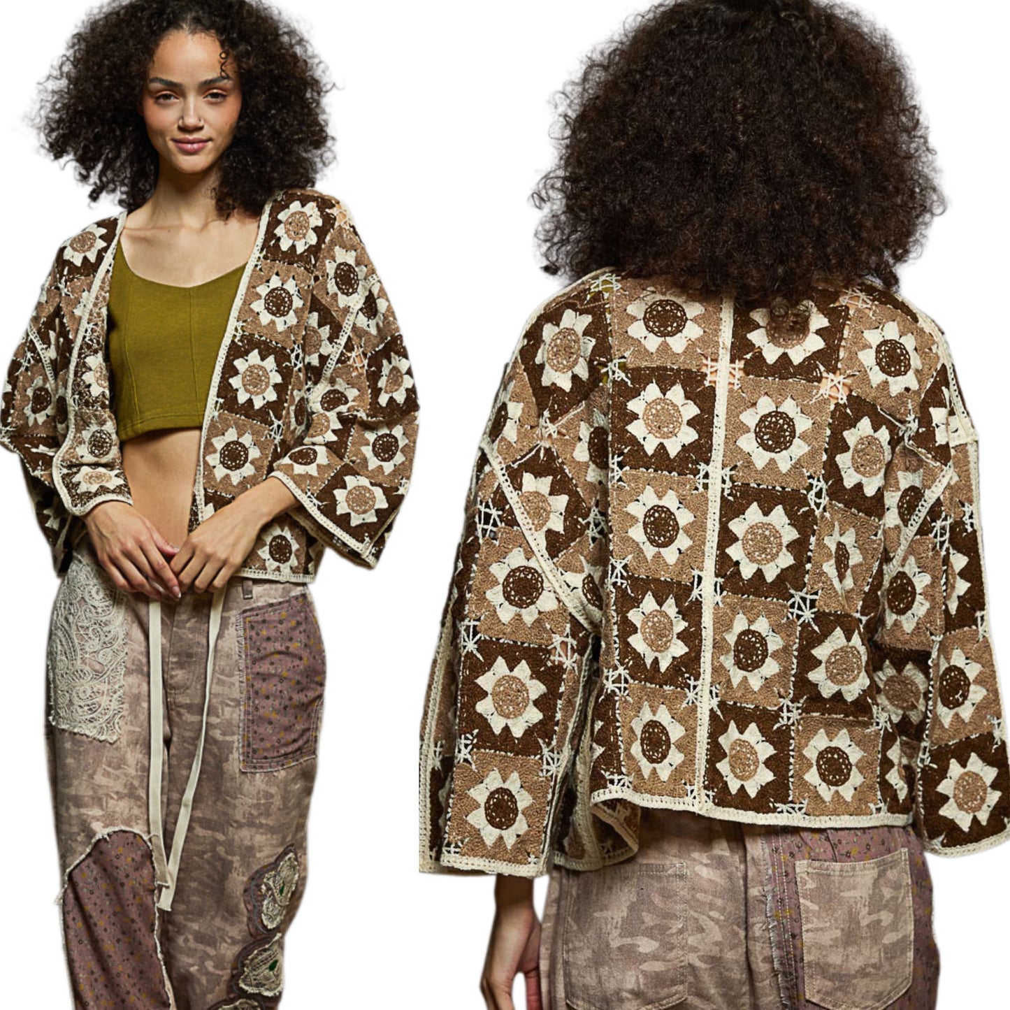 POL Floral Granny Square Crochet Cardigan Retro Boxy Open Front Sweater Openwork Chocolate Brown