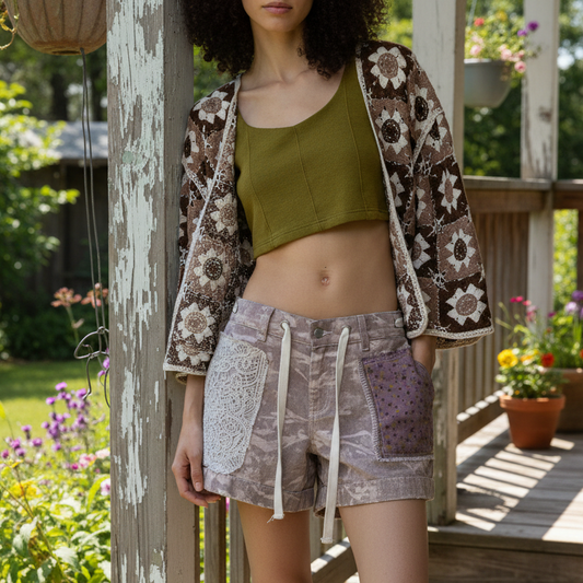POL Floral Granny Square Crochet Cardigan Retro Boxy Open Front Sweater Openwork Chocolate Brown