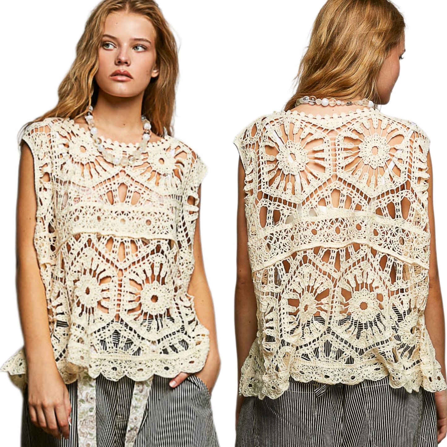 POL Openwork Floral Crochet Sleeveless Tank Scalloped Round Neck Oversized Shirt Cream