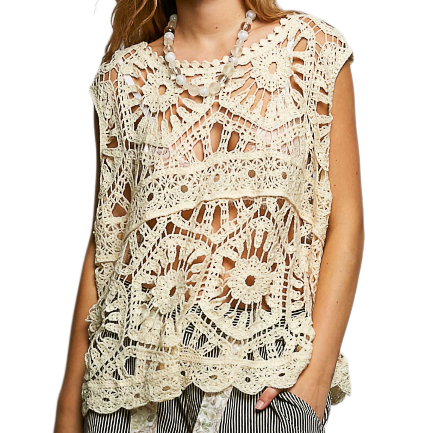 POL Openwork Floral Crochet Sleeveless Tank Scalloped Round Neck Oversized Shirt Cream