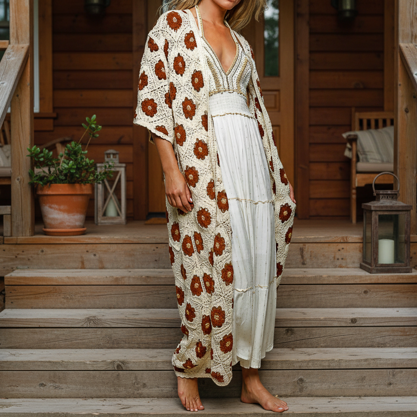 POL Patchwork Openwork Floral Crochet Longline Cardigan Open Front Contrast Duster Chocolate Brown