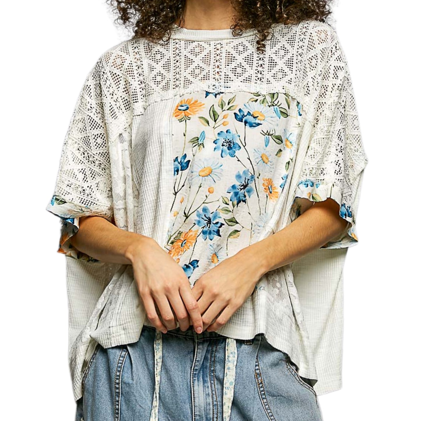 POL Floral Patchwork Lace Waffle Knit Top Oversized Blouse Exposed Seam Shirt