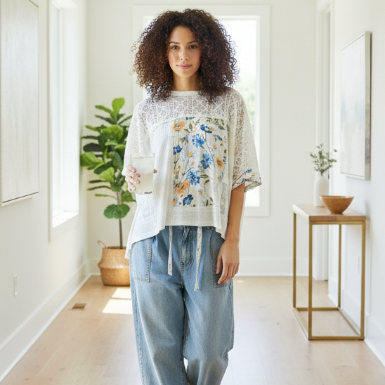 POL Floral Patchwork Lace Waffle Knit Top Oversized Blouse Exposed Seam Shirt