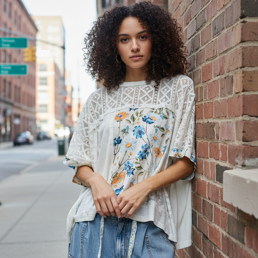 POL Floral Patchwork Lace Waffle Knit Top Oversized Blouse Exposed Seam Shirt