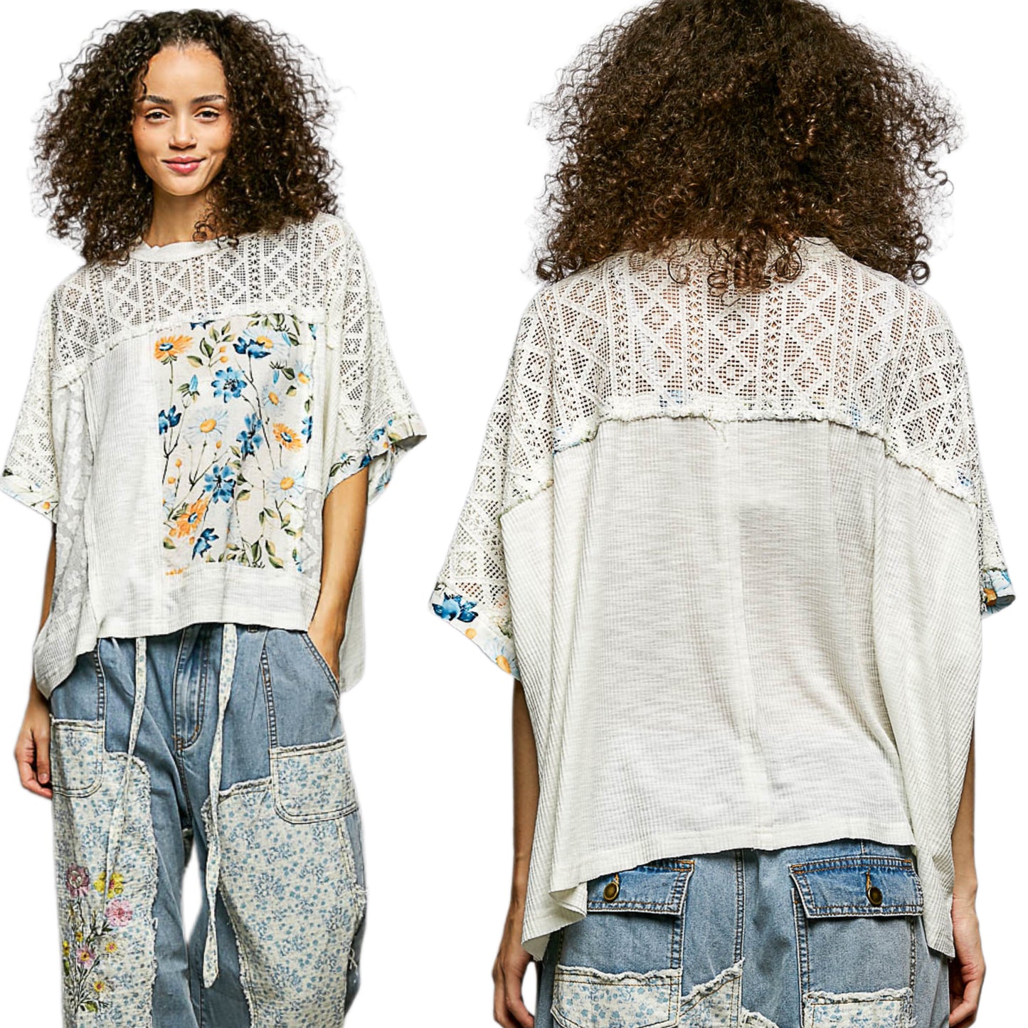 POL Floral Patchwork Lace Waffle Knit Top Oversized Blouse Exposed Seam Shirt