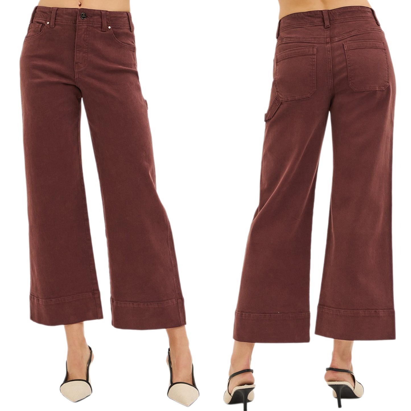 Risen Tummy Control High Rise Wide Leg Cropped Pants Relaxed Boyfriend Denim Pants Brown