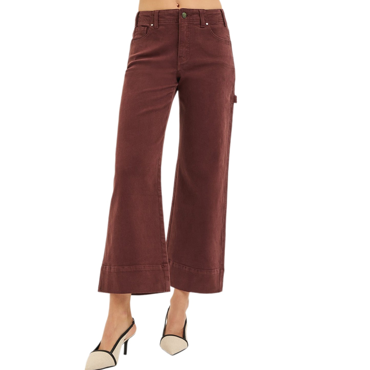 Risen Tummy Control High Rise Wide Leg Cropped Pants Relaxed Boyfriend Denim Pants Brown