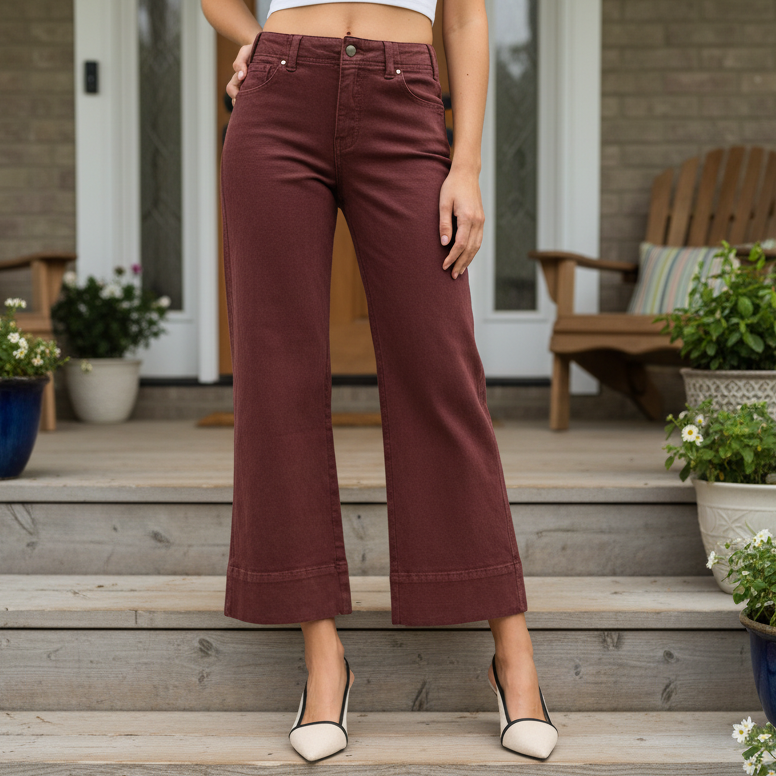Risen Tummy Control High Rise Wide Leg Cropped Pants Relaxed Boyfriend Denim Pants Brown
