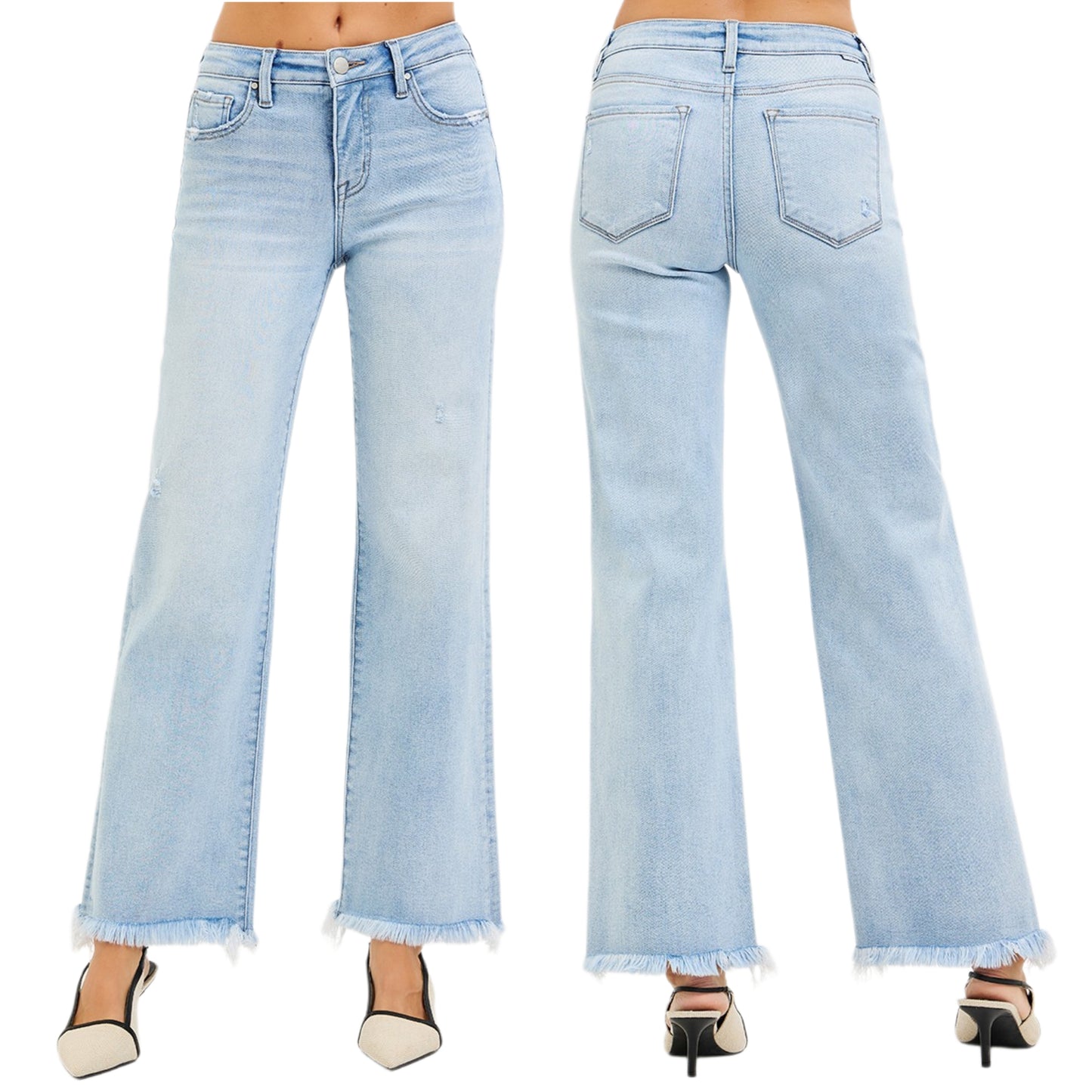 Risen Tummy Control Mid Rise Straight Leg Ankle Jeans Frayed Hem Denim Pants Light Blue