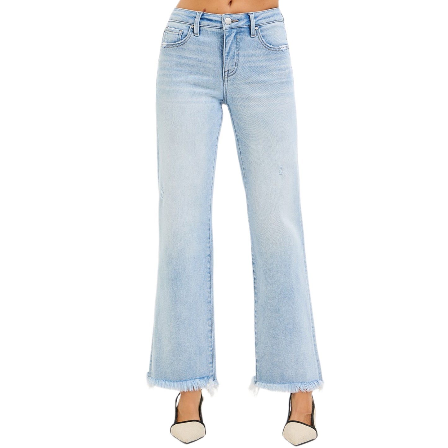 Risen Tummy Control Mid Rise Straight Leg Ankle Jeans Frayed Hem Denim Pants Light Blue