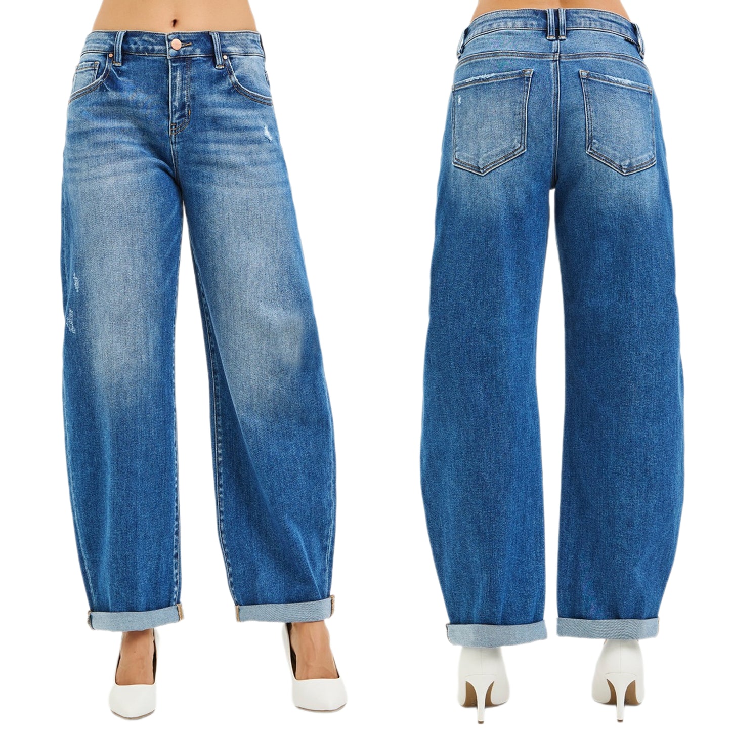 Risen Mid-Rise Barrel Leg Relaxed Fit Roll Cuff Jeans Ankle Legth Denim Horseshoe Balloon Pants