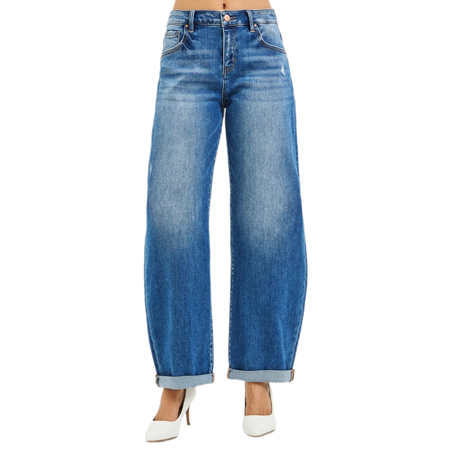 Risen Mid-Rise Barrel Leg Relaxed Fit Roll Cuff Jeans Ankle Legth Denim Horseshoe Balloon Pants