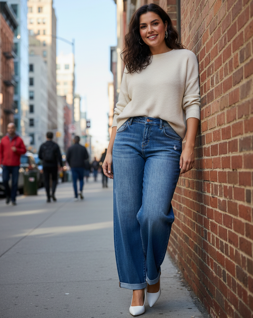 Risen Mid-Rise Barrel Leg Relaxed Fit Roll Cuff Jeans Ankle Legth Denim Horseshoe Balloon Pants
