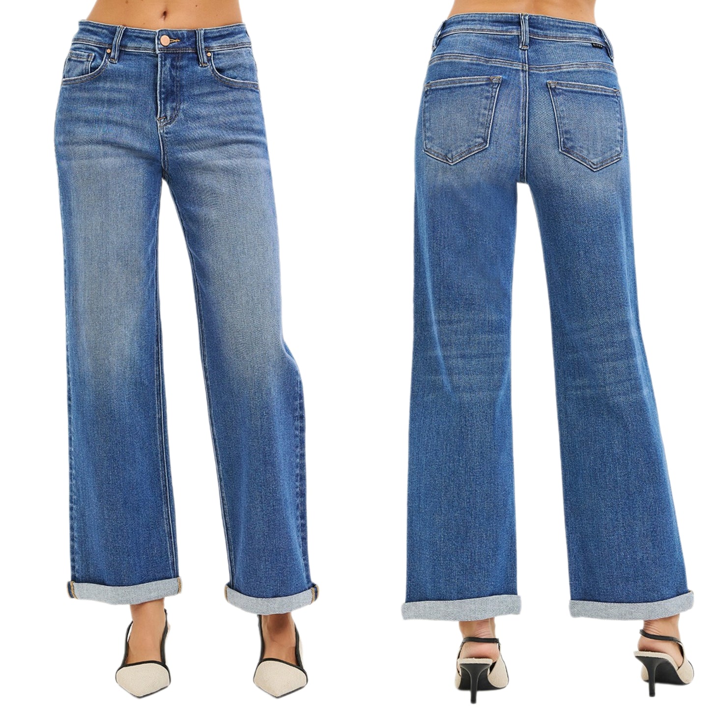 Risen High-Rise Jeans Relaxed Fit Straight Leg Rolled Cuffed Hem Ankle Denim Pants